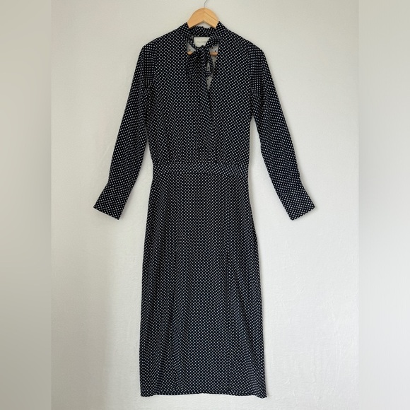 Alexis womens navy blue Noelle Polka-Dot Tie-Neck Slit Midi Dress size XS - Picture 1 of 13